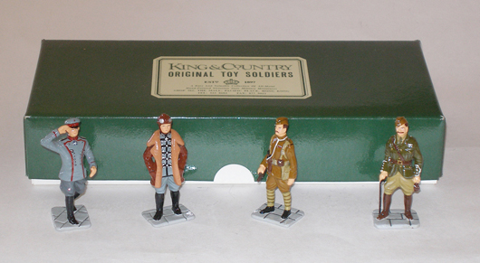 King and Country glossy World War One Aces. Mannock, McCudden, Von Richtofen and Immelman, in original box. Estimate: $120-$180. Image courtesy of Old Toy Soldier Auctions.
